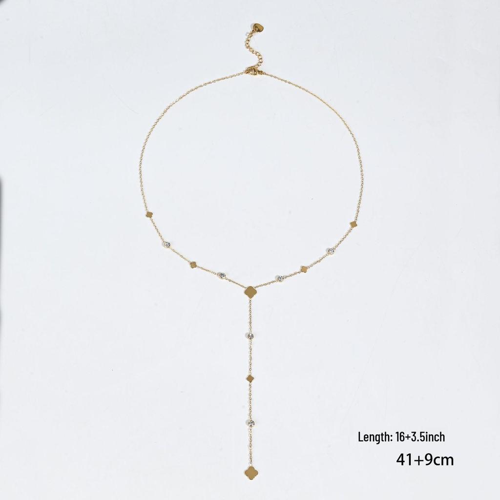 Gold Diamond-Inlaid Four-Leaf Clover Tassel Necklace – Elegant Versatile Women's Clavicle Chain