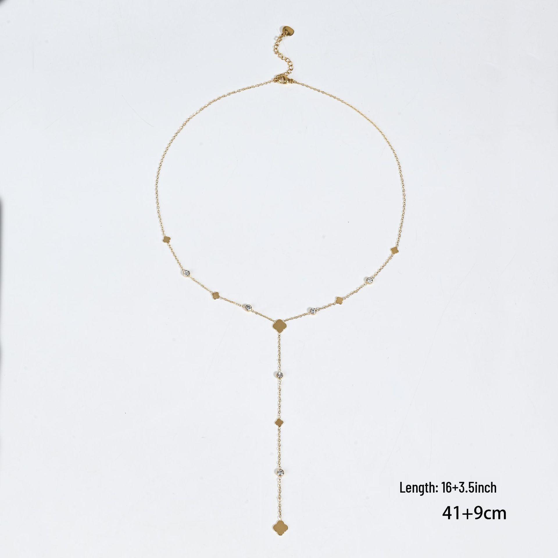 Gold Diamond-Inlaid Four-Leaf Clover Tassel Necklace – Elegant Versatile Women s Clavicle Chain золотой