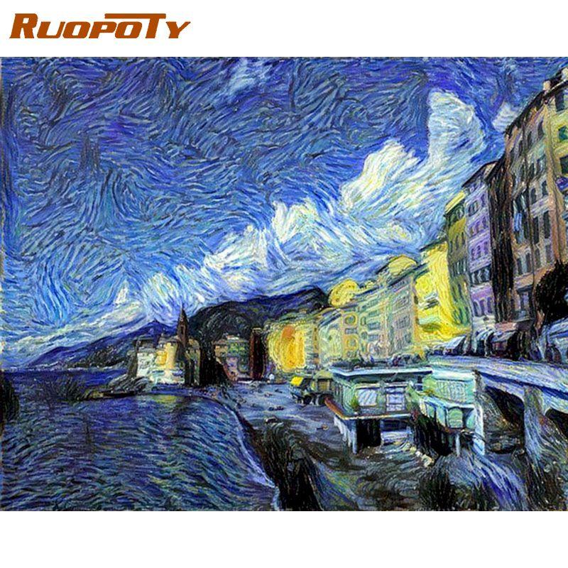 

Рамка RUOPOTY, наборы для рисования по номерам для взрослых, звездное небо, современное настенное искусство, акриловый холст по номерам, Diy, домашний художественный подарок 40x50CM NO Frame