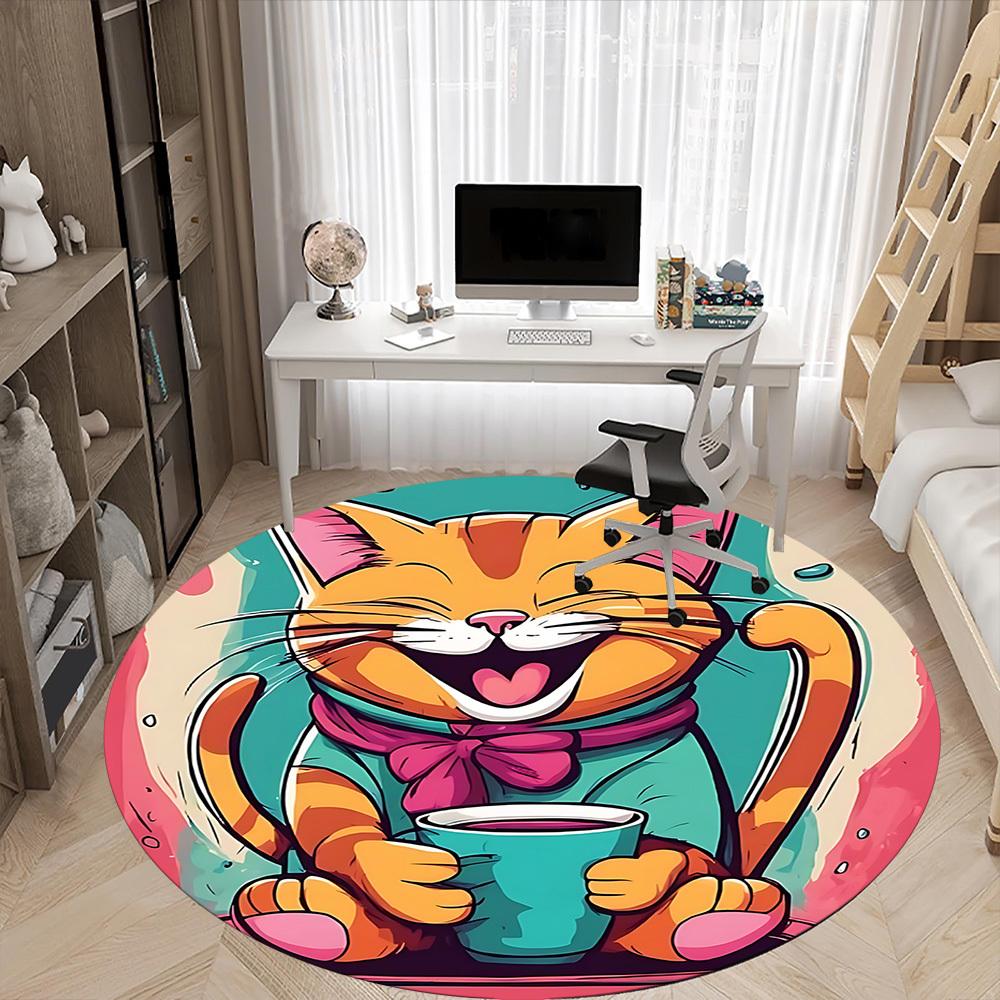 1pc Cat Coffee Office Round Area Rug, Under Office Chairs Bedroom Living Room Home Decor, Room Deco, Available in Various Sizes