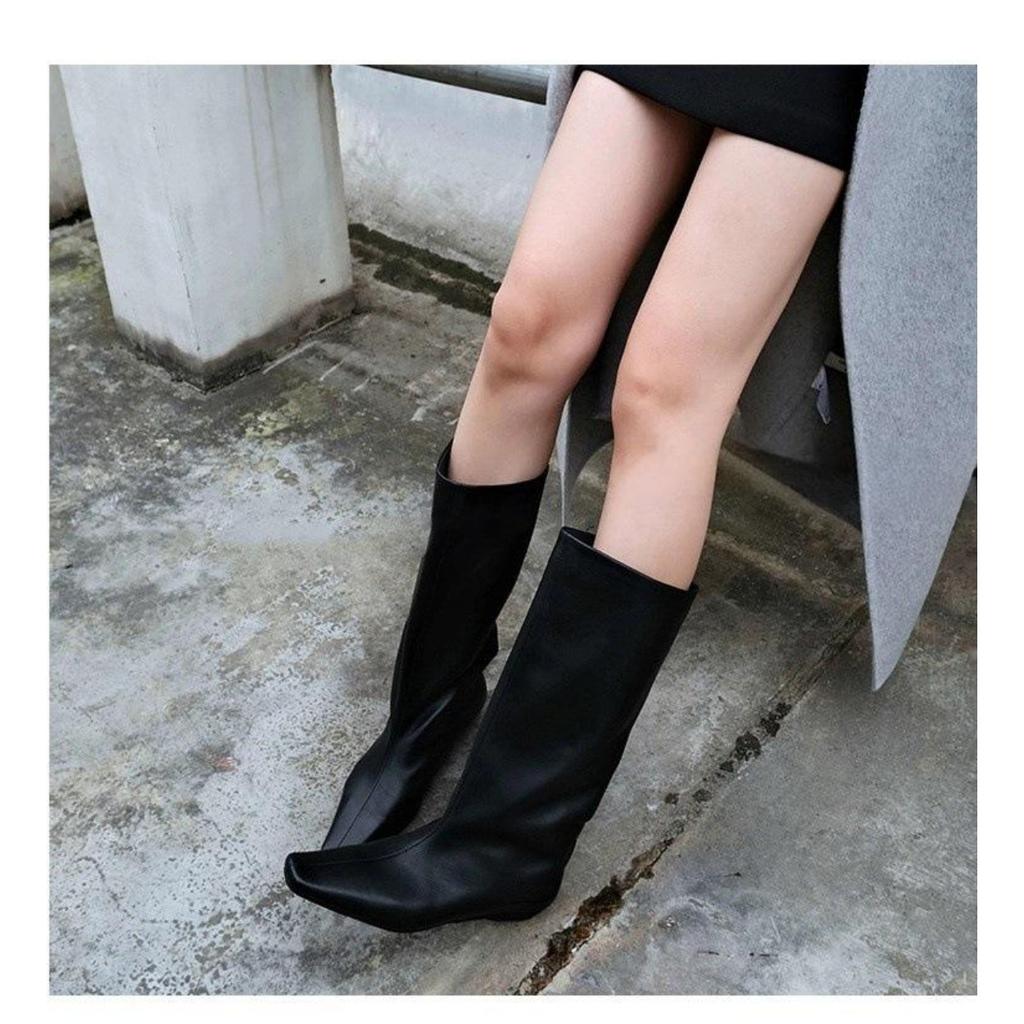Autumn and Winter New Square Head Slope Heel High Tube Medium Tube Loose Sleeve But Knee Boots Women