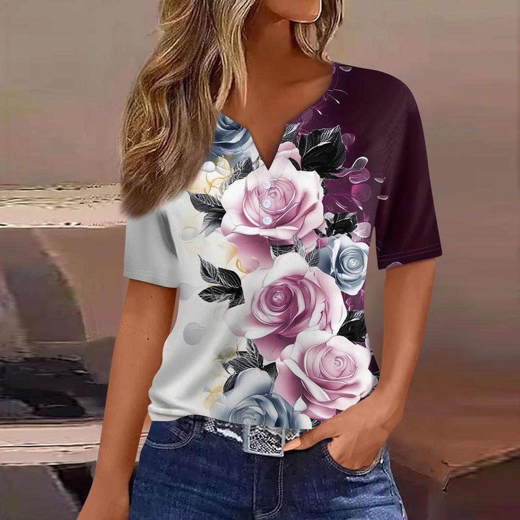 Women's Casual V-neck Short Sleeved Decorative Button Up T-shirt Top