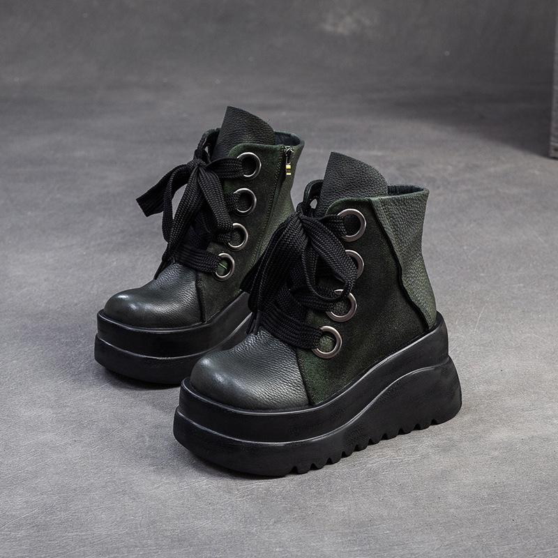 Johnature Genuine Leather Wedges Short Boots Retro Thick Soled Side Zipper Versatile Women's Shoes