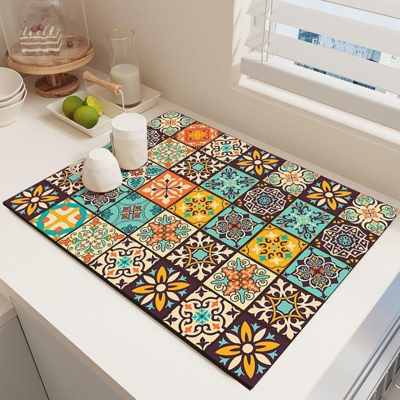 Retro Bohemian Pattern Diatom Pad Water-Absorbing Pad Kitchen Coffee Machine Absorbent Drainage Pad Tableware Cup Drying Mats