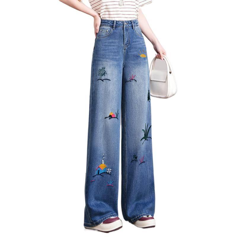 Blue embroidered flower wide-leg jeans women's summer new high-waisted display design casual straight trousers