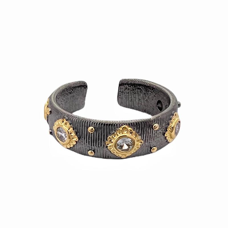 Nischen Design Spitze Gebürstete Webart Graviert Gold Schwarz Gold Galvanisiert Zweifarbig Gold Offener Ring Damen Mittelalter Persönlichkeitsring