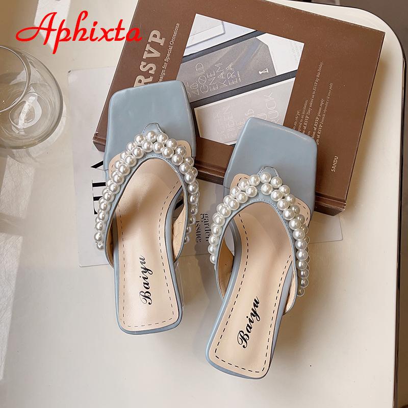 Aphixta Sommer Flip Flops Damen 6cm Quadratische Absätze String Perle Draußen Strand Transparent Klobige Absätze Pantoletten Schuhe