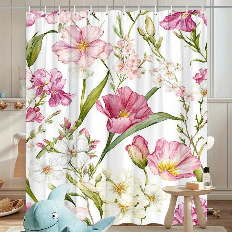 1Pc Floral Watercolor Shower Curtain, Polyester Fabric, Machine Washable, With Hooks, Suitable For Bathroom Decoration