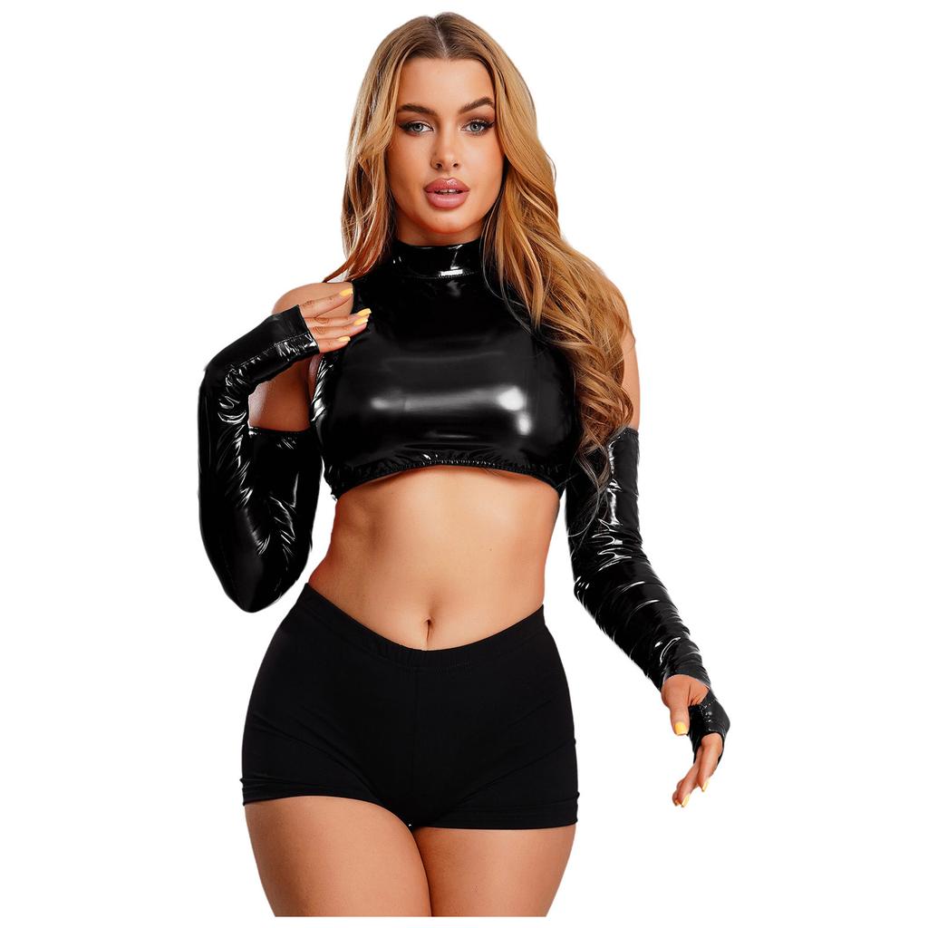 Damen Glänzendes PU Cropped Top Cold Shoulder Langarm Ausgeschnitten Rollkragen Pullover