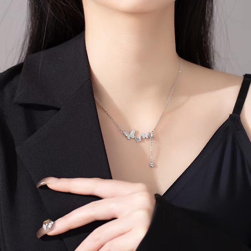 Full Diamond Butterfly Tassel Necklace Simple Fashion High Sense Women's Pendant Niche Design Versatile Collarbone Chain