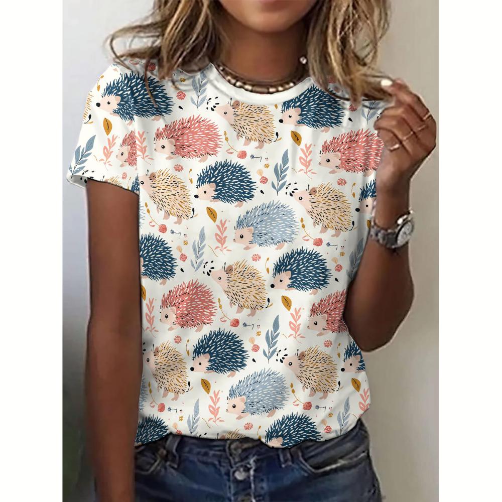 Maglietta estiva da donna con stampa di riccio animale, casual, girocollo, manica corta, pullover, per tutti i giorni, all'aperto, abbigliamento oversize da donna
