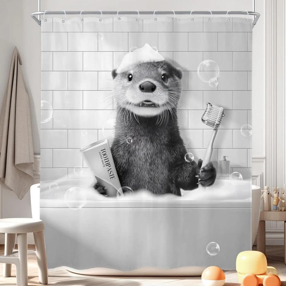 Funny Otter In Bathtub Printed Shower Curtain Black White Wildlife Artwork For Bathroom Decor