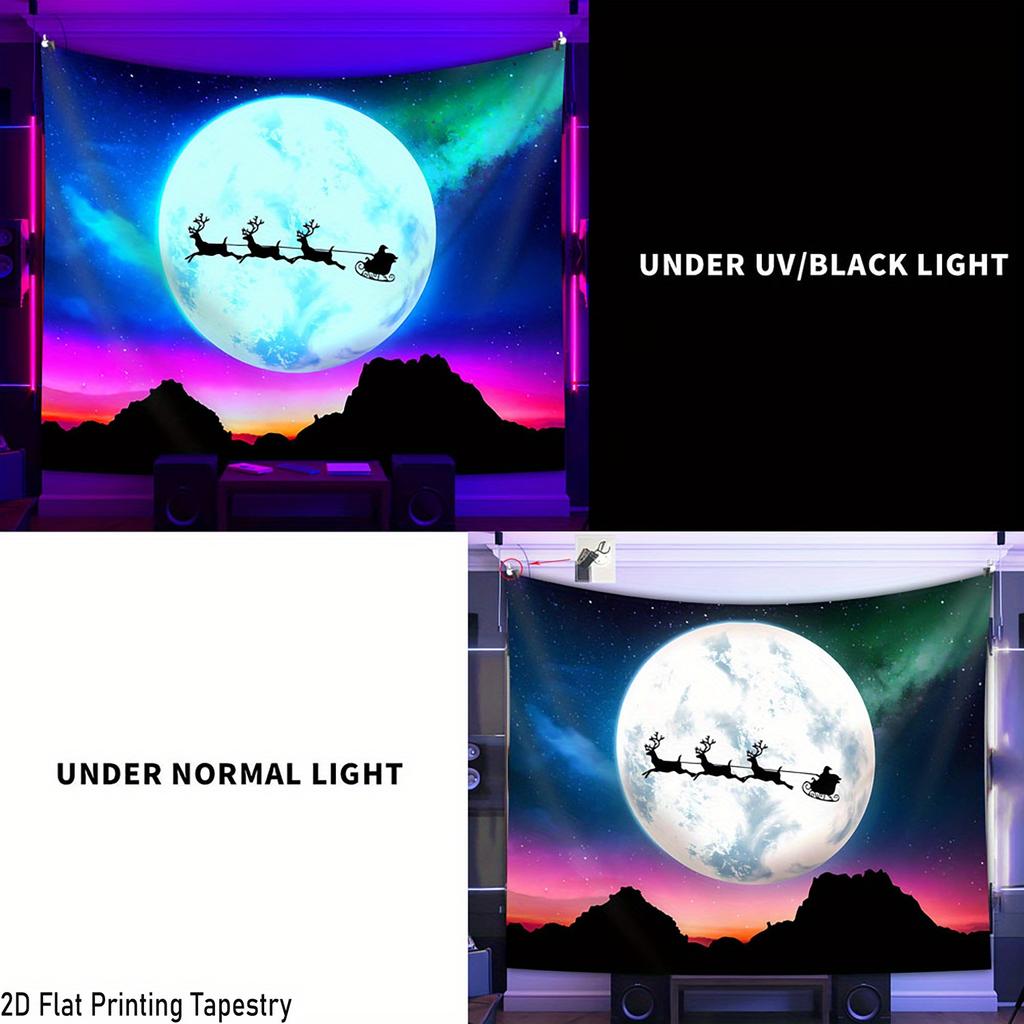 Christmas Sleigh Santa Claus Fluorescent Tapestry Outer Space UV BlackLight Tapestry, Wall Hanging For Living Room Bedroom Office Home Decor
