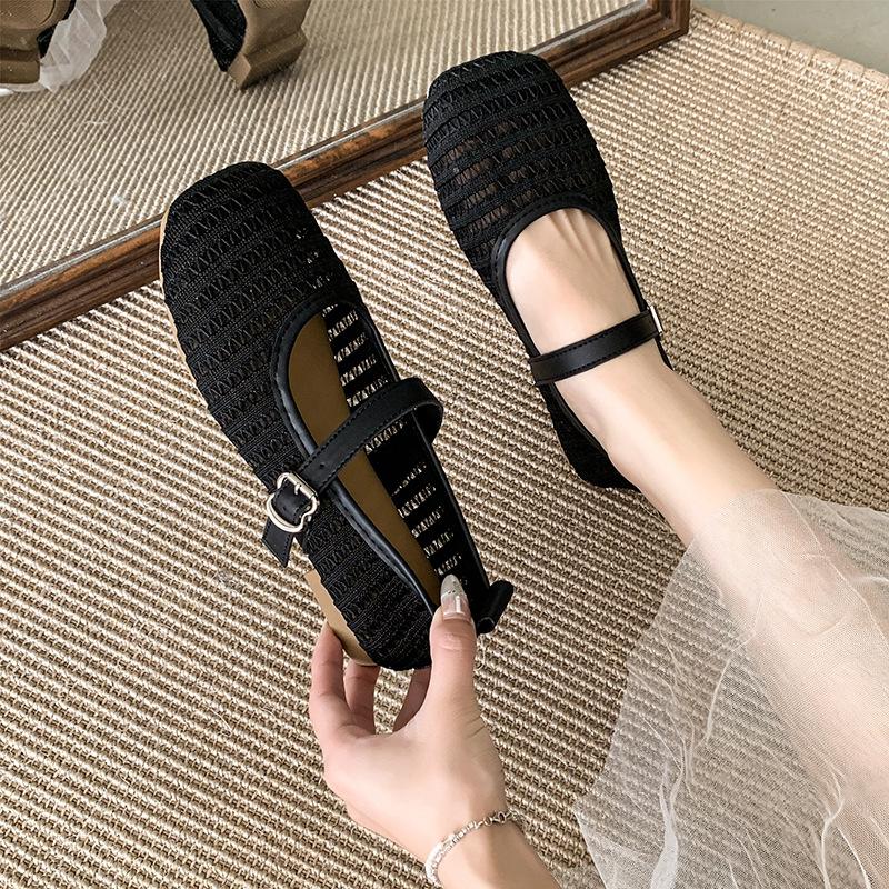 Letní nové sandály se čtvercovou špičkou, s mělkým výkrojem, s měkkou podrážkou, s nápisem, na ploché podrážce, prodyšné, síťované, ležérní boty Mary Jane pro ženy