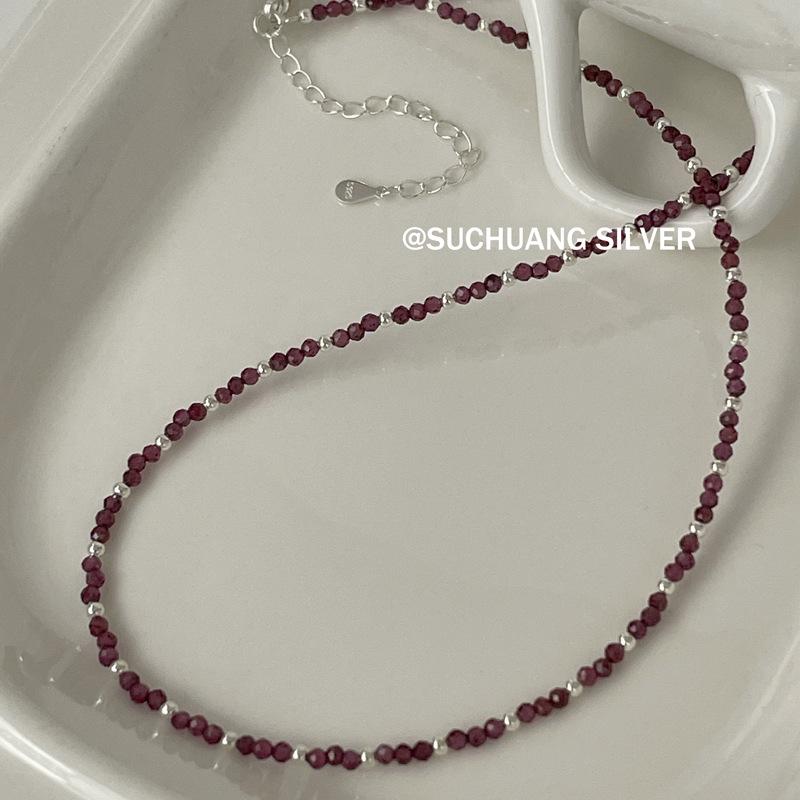 Su Chuang S925 Sterling Silver Retro Garnet Necklace & Bracelet Set for Women - High-End Versatile Cool Clavicle Chain 925 Silver серебряный