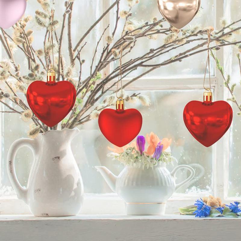 12PC Love Christmas Tree Pendant Heart Shaped Decorations for Christmas Tree Party Decor Valentine's Day Hanging Ornaments (Red)