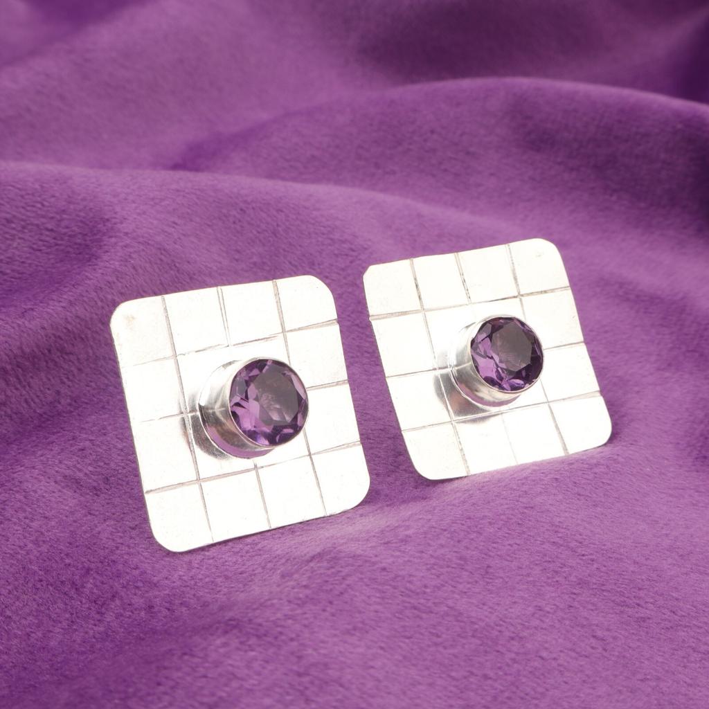 Round Natural Amethyst Sterling Silver Mother Gift Stud Post Butterfly Earrings EE-146-4