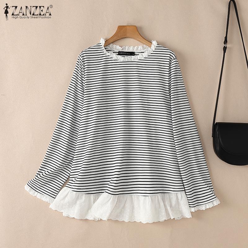 

ZANZEA Women Stripe Print Casual Round Neck Long Sleeve T-Shirts S чёрный