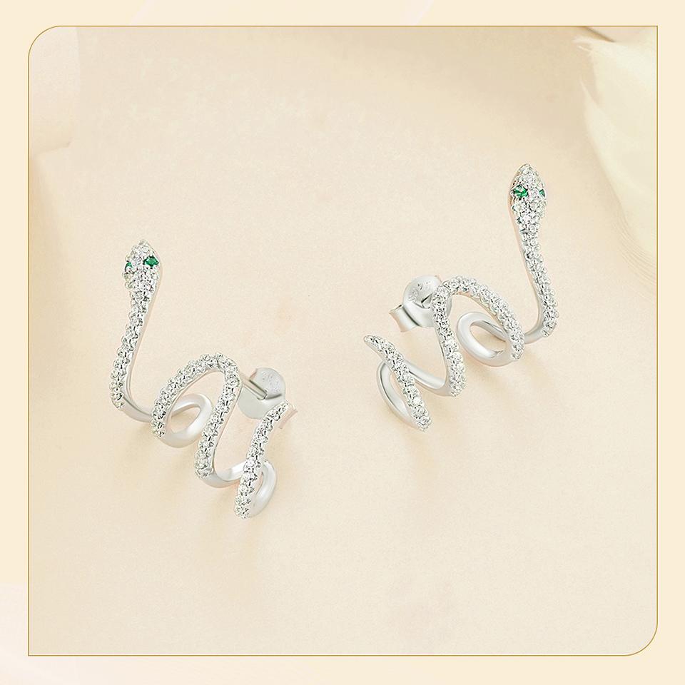 WOSTU 925 Sterling Silver Women Snake Stud Earrings Multi-layer Earring Green Crystal Zircon Studs Unique Design Wedding Jewelry