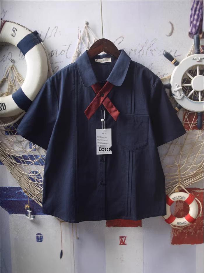 Women's Summer Loose Fit Bellows-Pleated Short-Sleeve Shirt with Bow Tie - Japanese School Style