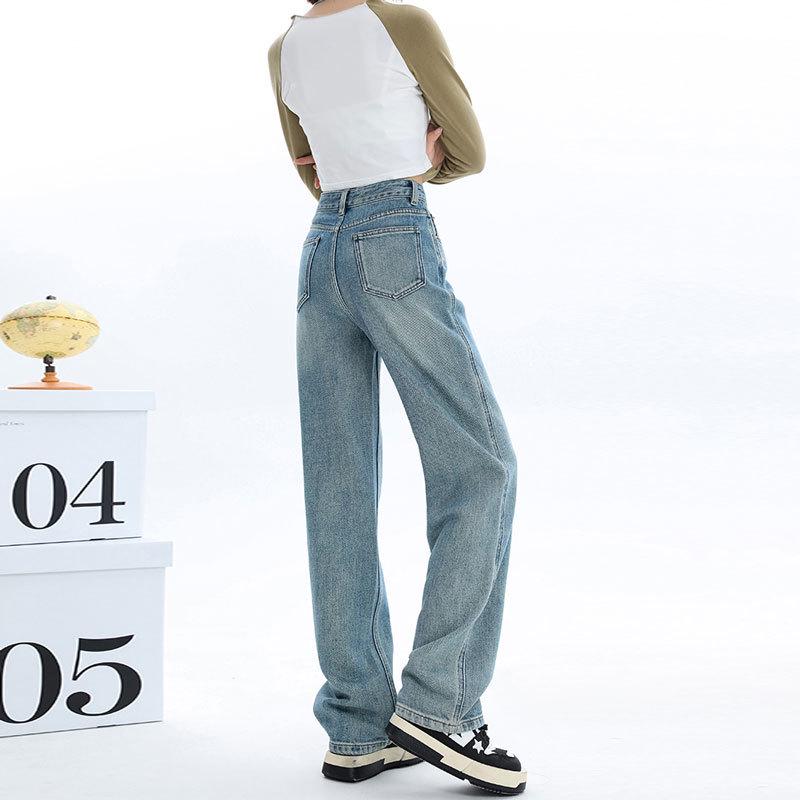 Women's Light-Colored Plush High-Waist Wide-Leg Jeans, Thickened, Loose, Warm, Small Size.