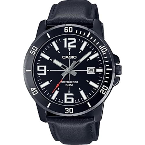 

Casio MTP-VD01BL-1BV Men s Enticer Black IP Leather Band Black Dial Casual Analog Sporty Watch