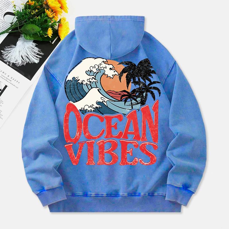 Ocean Vibes Washed Hoodies Women Sea Wave Prints Cotton Pullovers Long Sleeves Pocket Oversize Hooded Clothes