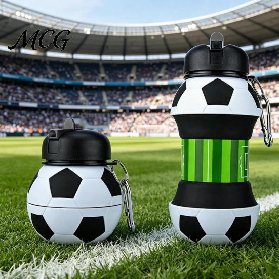 Reusable Hiking Bottle Spherical Collapsible Silicone Cup, Golf Ball Shaped Water Foldable Travel Cup with Push Design Flip Lid & Metal Carabiner,