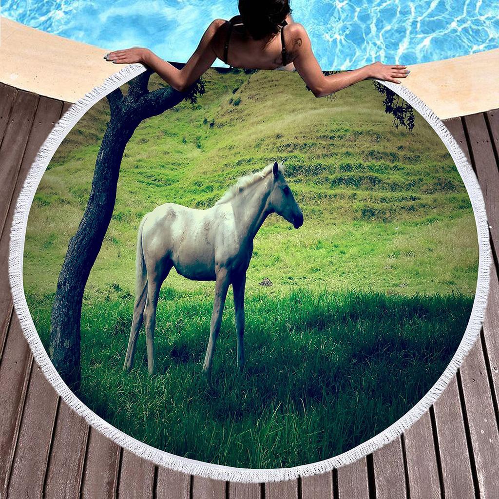 Horse Round Beach Towel,Wild Horse Beach Blanket Shawl Soft Microfiber Cowboys Western Farmhouse Rustic Theme Towel For Picnic