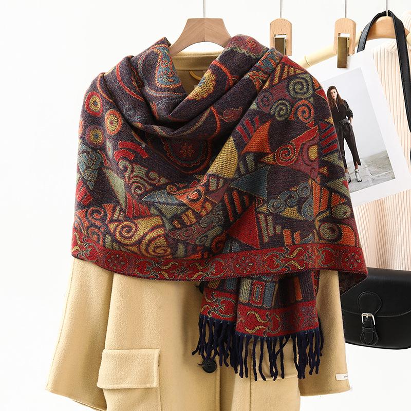 Ethnic Style New Cashmere Feel Scarf Shawl Women's Foreign Wear Travel Warm Autumn and Winter Scarf Shawl