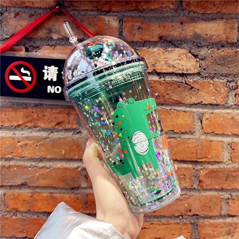 

Милая бутылка для воды с динозавром, мультяшные блестки, бутылки для воды с соломенной крышкой, студенческая кружка для воды, не содержащая BPA, детская бутылка для питья для девочек 430ml зелёный