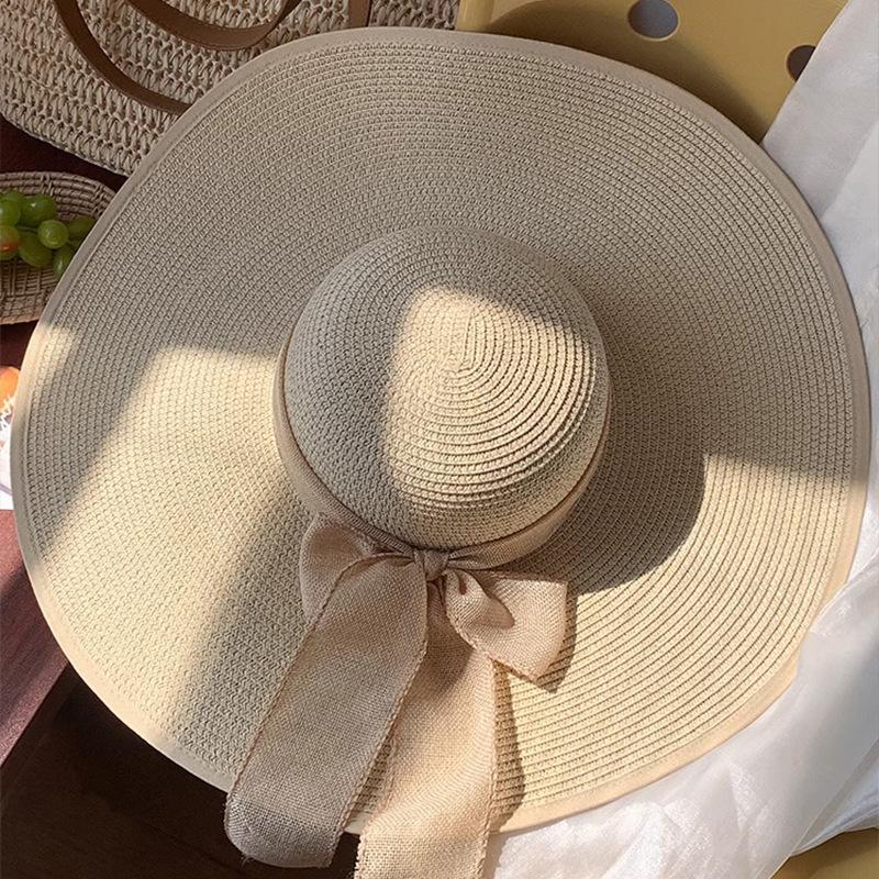 Big Hat Brim Wavy Lace Bow Knitted Straw Hat Women Travel Sun Protection Sun Hat Beach Sun Hat