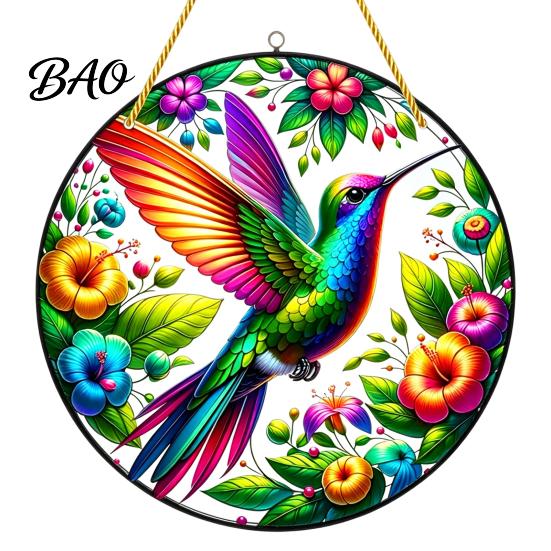 Indoor Outdoor Hanging Ornament Colorful Hummingbird Wall Decoration, Stained Acrylic Suncatcher for Window Nature Inspired Home Decor Decor,