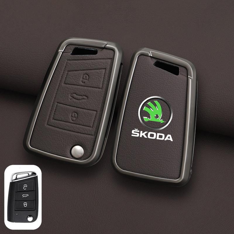 XOWS7 Zinc Alloy Leather Car Remote Key Case Cover Protector Shell Fob For Skoda Superb A7 Kodiaq Octavia A7 A8 Keychain Accessories