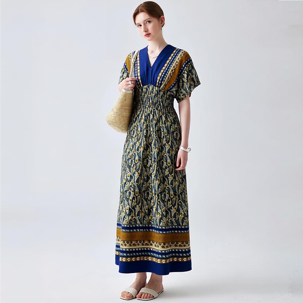 Bohemian-Style Cotton-Silk V-Neck Batwing Print Dress Summer Casual Vacation Beach Dress