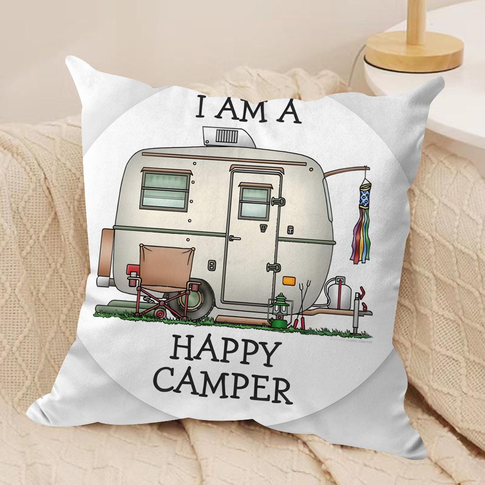 Happy Camping Rv Camper Car Cushion Cover Silky Short Plush Invisible Zipper Dustproof Sofa Pillow Case For Home Decor