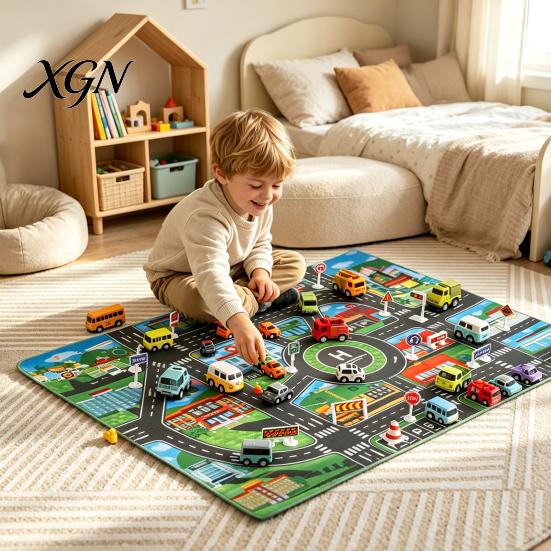 Family Game Room Floor Mat Kids City Life Play Mat, Educational PVC Road Traffic Carpet, Durable Indoor Non-slip Urban Parking Scene Area Rug
