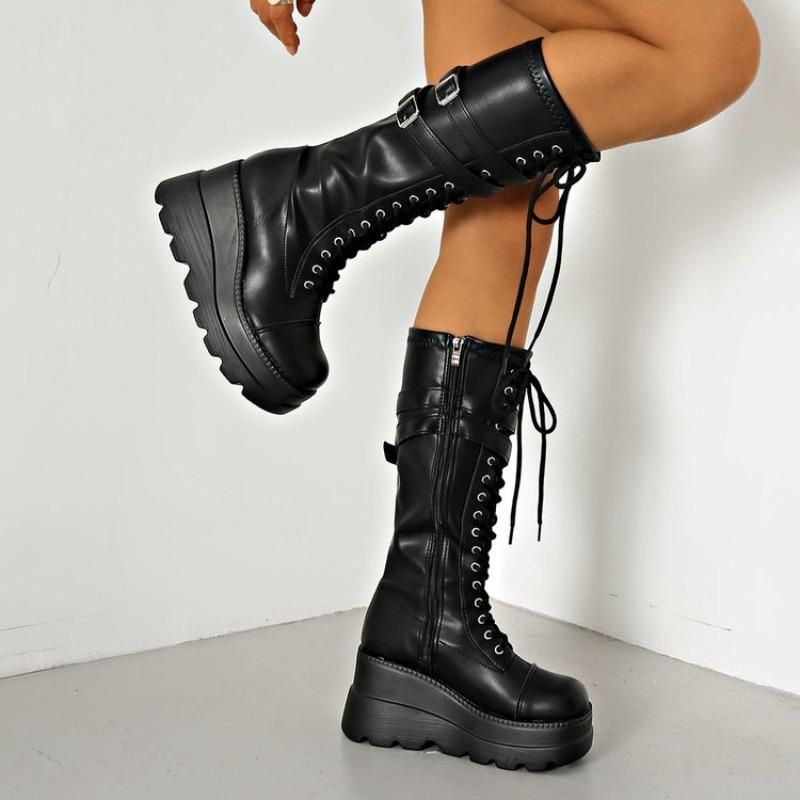 Wedge Heel Tall Boots Fashion Round Toe Strappy Side Zipper Platform Non-Slip Wear-Resistant High Heels