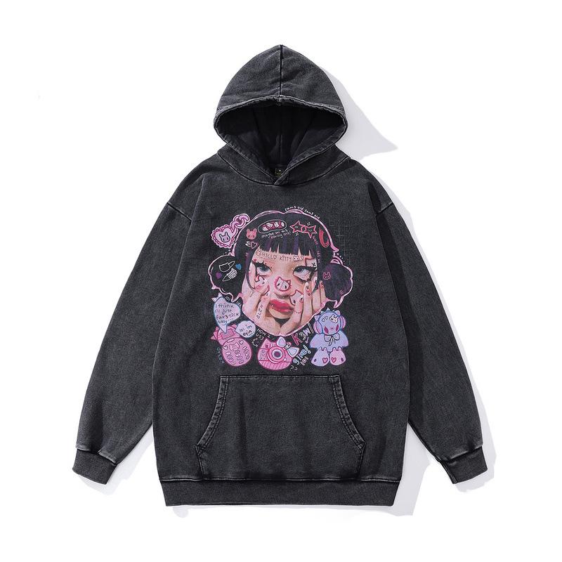 American Retro Hooded Sweater Men And Women Couple Butterfly Print Washed Old Hip Hop Jumper Hoodie