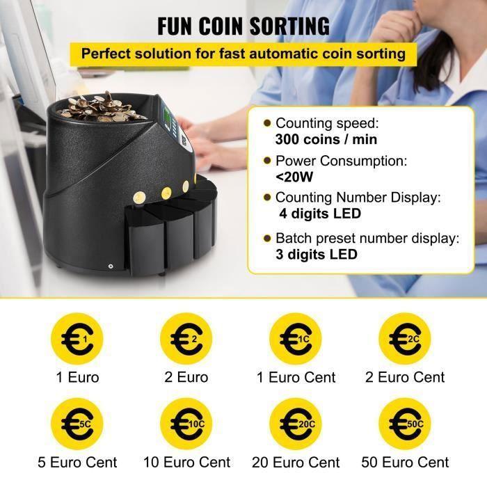 Compteuse de Pièces - VEVOR - 300 pièces-minute - Capacité de 700 pièces - Compteur et Trieur de Pièces Professionnel 220 V
