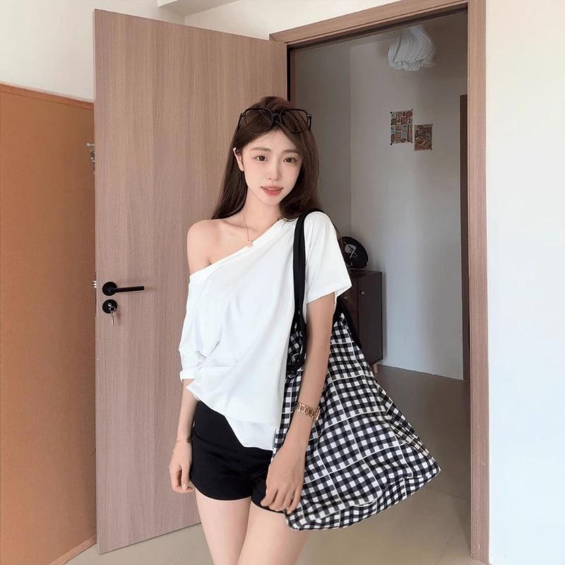 Women 2-in-1 One Shoulder Off Shoulder Short Sleeve T Shirt Summer Breathable Loose Casual Solid Layering Top S белый