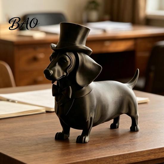 Palm-sized Sculpture 3D Printed Dachshund Statue with Top Hat, Vintage Gentleman Dog Space-saving Ornament Figurine, Cute Desk Decor for Home Office,