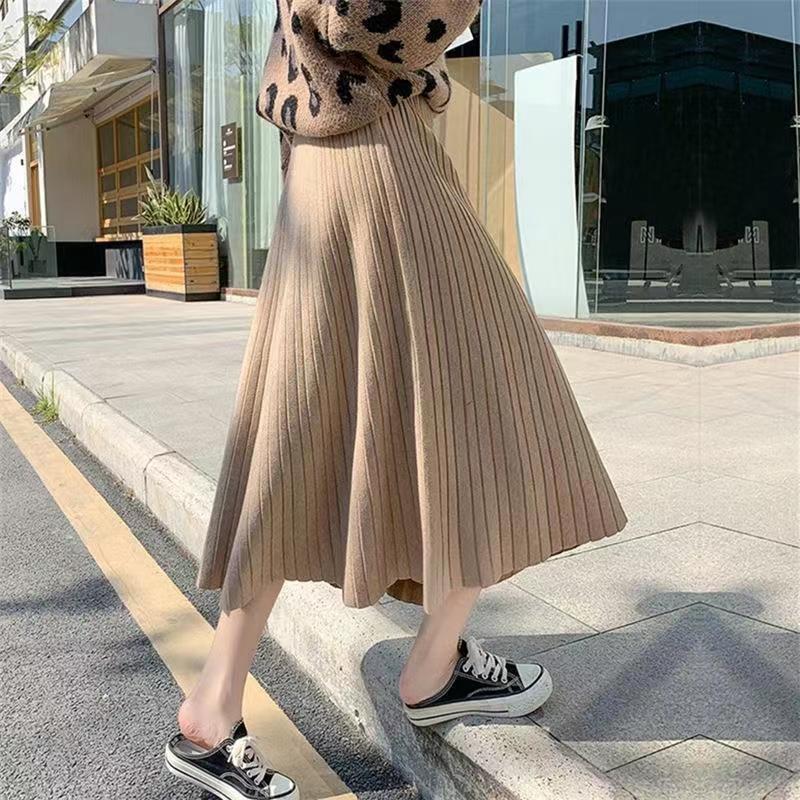 Knitted Skirt Spring Pleated Umbrella Skirt Mid-length 2022 Autumn and Winter High Waist A-line Cover Crotch Slim Long Skirt