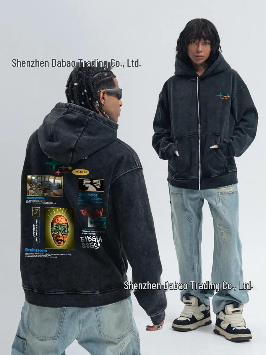 

Unisex Distressed Washed Zip-Up Hoodie with Large Pockets - Casual, Versatile, Trendy High Street Jacket M