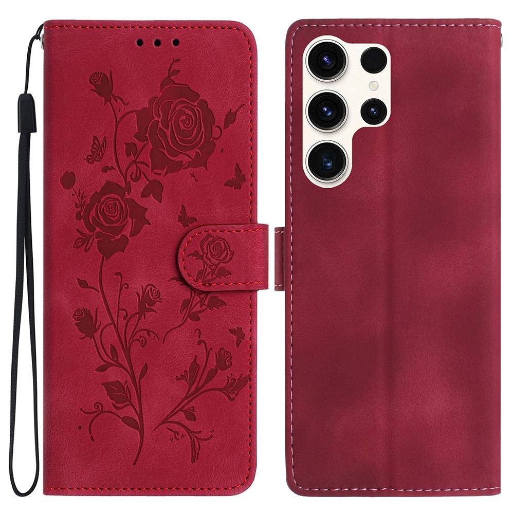 

For Samsung Galaxy S25 Ultra Wallet Case Rose Pattern Imprinted Leather Flip Stand Phone Cover Red