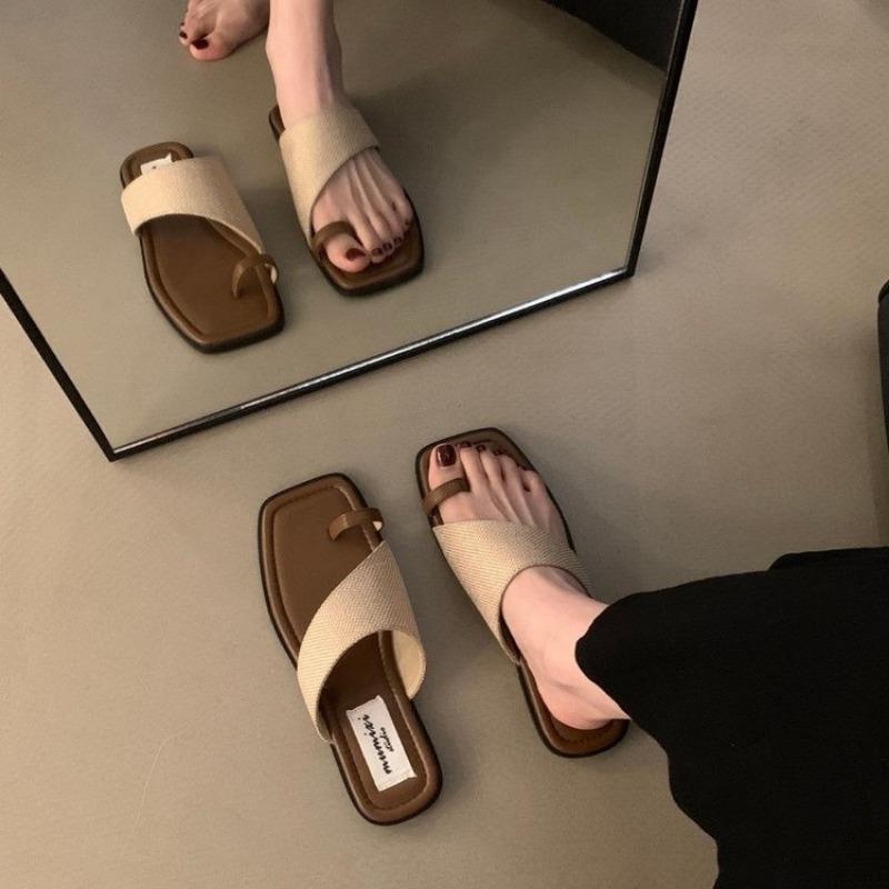 Fashion Fashion 2024 Shoes for Women Slippers Basic Toe Ring Women's Sandals Summer Retro Peep Toe Solid Daily Casual Flat Sandals
