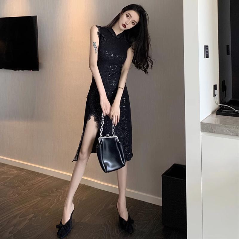 New women's clothing retro lace split fork improved cheongsam dress