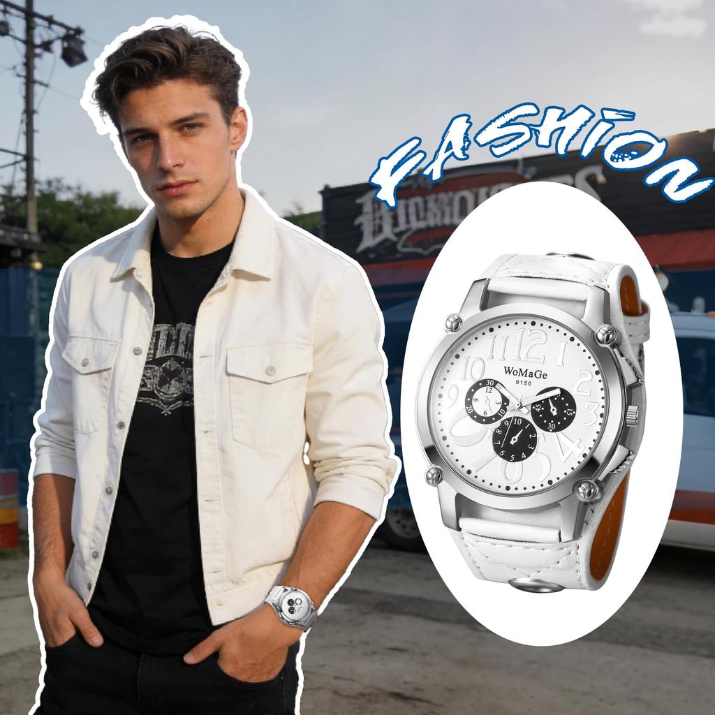 Stylish Leather Watch with Rock Punk Analog Quartz Leather Small Second Accessory Perfect Gift for Day Men's Design Movement, Strap, Display,