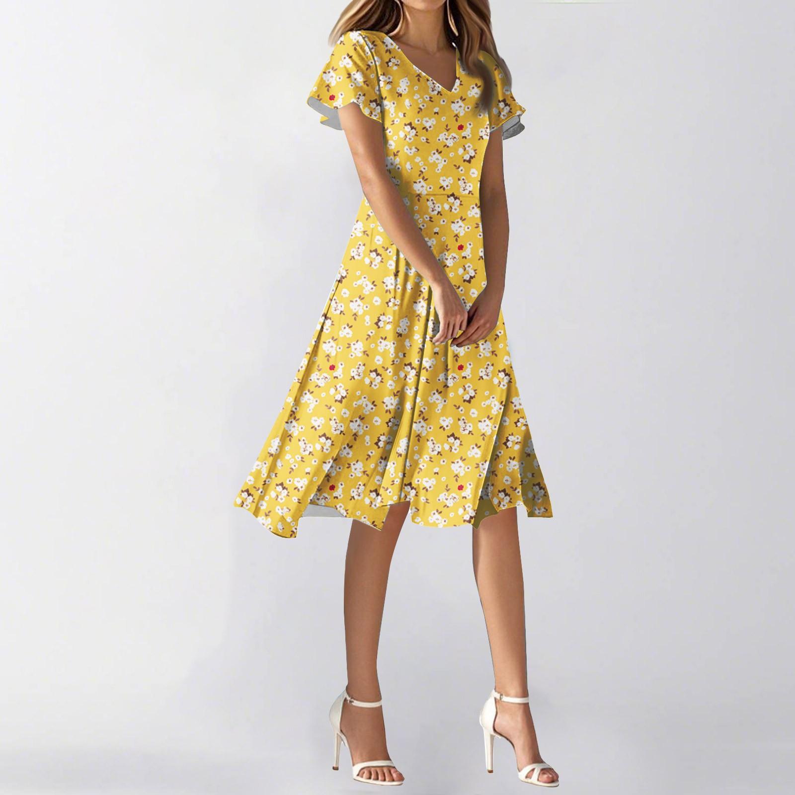 

Женское летнее повседневное модное платье с цветочным принтом и V-образным вырезом, короткая юбка с коротким рукавом XL жёлтый