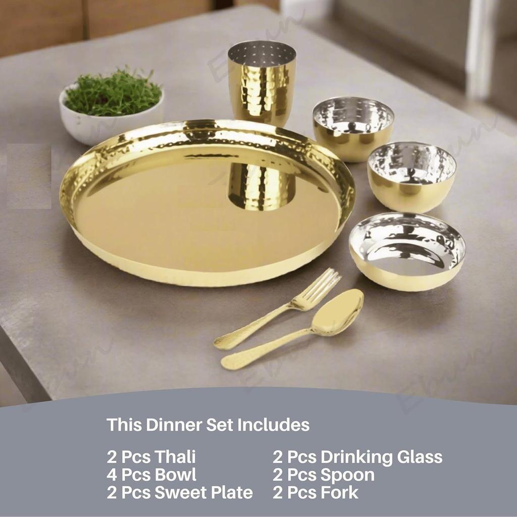 Heavy Gauge Stainless Steel Dinner Set | Gold PVD Plated Steel Thali Set | Stainless Steel Dinner Set for Kitchen | Thali Set for Dinner | Pack of 2